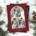 Elegant Arch Married en Merry 3 Foto Deep Red Feestdagenkaart<br><div class="desc">De moderne kaart van de boogfotovakantie met decoratief "en"manuscript tussen 2 woorden en een wintergroen patroon op de rug. Voor meer geavanceerde aanpassing van dit ontwerp,  te klikken gelieve de BUTTON van het TOOL VAN HET ONTWERP BLAUW.</div>