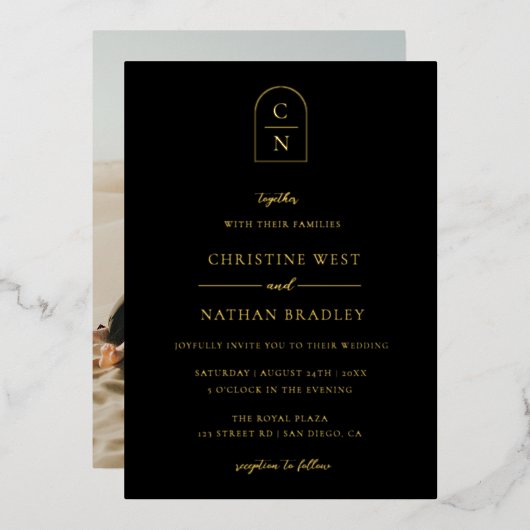 Elegant Arch Monogram Foto Gold Folie Uitnodiging (Voorkant / Achterkant)