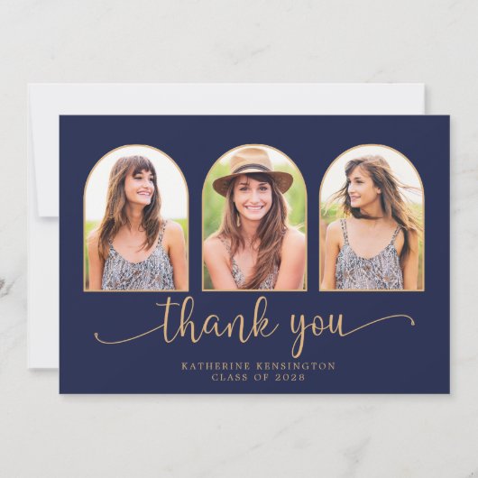 Elegant Arch Navy Blue Gold 3 Foto Afstuderen Bedankkaart (Voorkant)