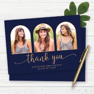 Elegant Arch Navy Blue Gold 3 Foto Afstuderen Bedankkaart