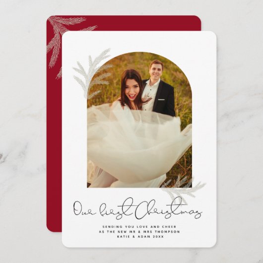 Elegant Arch | ONZE EERSTE CHRISTMAS Modern Spruce Feestdagenkaart (Voorkant / Achterkant)