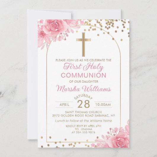 Elegant Arch Pink Gold Floral Eerste Heilige Commu Kaart (Voorkant)