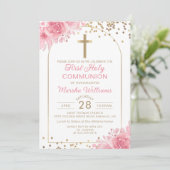 Elegant Arch Pink Gold Floral Eerste Heilige Commu Kaart (Staand voorkant)