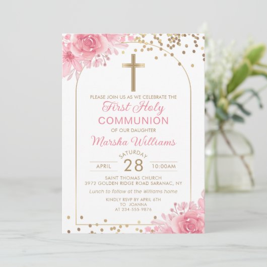 Elegant Arch Pink Gold Floral Eerste Heilige Commu Kaart (Staand voorkant)