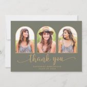 Elegant Arch Sage Green Gold 3 Foto Afstuderen Bedankkaart (Voorkant)