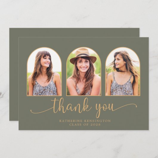 Elegant Arch Sage Green Gold 3 Foto Afstuderen Bedankkaart (Voorkant / Achterkant)