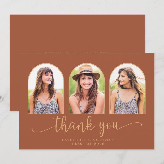 Elegant Arch Terracotta Gold 3 Foto Afstuderen Bedankkaart (Voorkant / Achterkant)