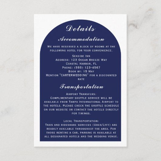 Elegant Arch White & Navy Nautische bruiloft Detai Informatiekaartje (Voorkant)