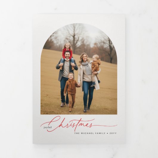 Elegant Arched Layout Family Photo Christmas Drieluik Kaart (Cover)