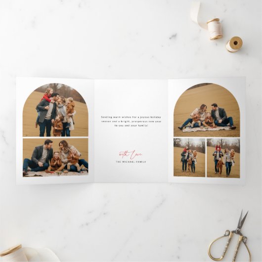 Elegant Arched Layout Family Photo Christmas Drieluik Kaart (Binnen)