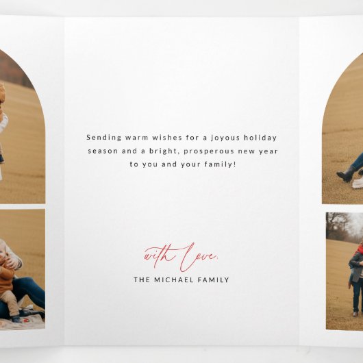 Elegant Arched Layout Family Photo Christmas Drieluik Kaart (Binnenkant midden)