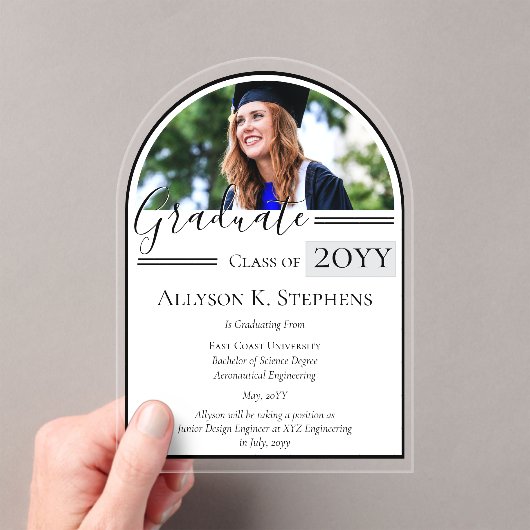 Elegant Arched Photo Afstudeerder Afstuderen aanko Acryl Uitnodigingen (Insitu (Draagbaar))