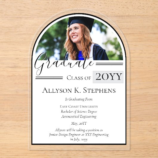 Elegant Arched Photo Afstudeerder Afstuderen aanko Acryl Uitnodigingen (Voorkant)