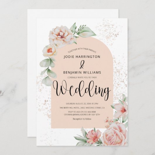 Elegant Arched | Veerpeach Floral Wedding Kaart (Voorkant / Achterkant)