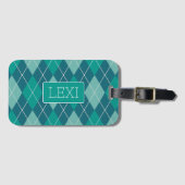 Elegant Argyle Blauwgroen en Aqua met naam of Init Bagagelabel (Voorkant (horizontaal))