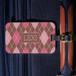 Elegant Argyle Pink & Brown met naam of Initiaal Bagagelabel