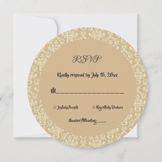 Elegant Art Deco Beige Damask Round Wedding RSVP Kaart (Voorkant)
