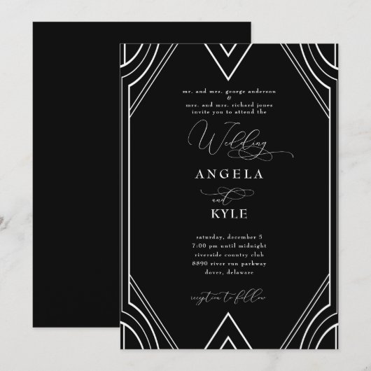 Elegant Art Deco Black en White Wedding Kaart (Voorkant / Achterkant)