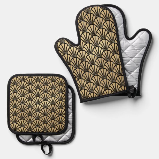 Elegant Art Deco Black Gold Ovenwant & Pannenlap Set (Voorkant / Achterkant)