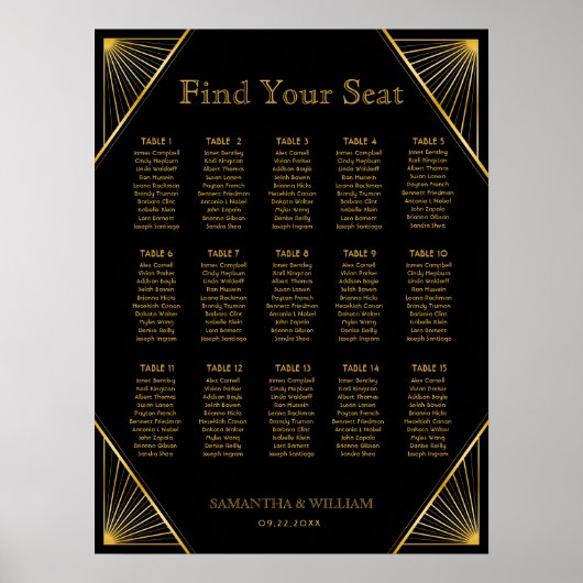 Elegant Art Deco Black Gold Seating Chart Poster (Voorkant)