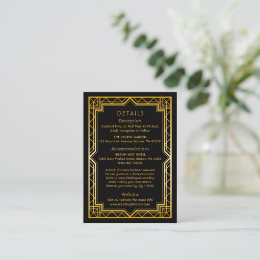  Elegant Art Deco Black Gold Wedding Enclo Informatiekaartje (Staand voorkant)