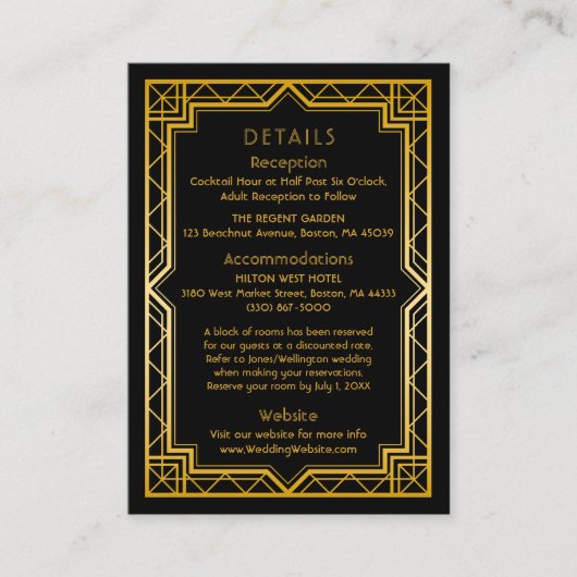  Elegant Art Deco Black Gold Wedding Enclo Informatiekaartje (Voorkant)