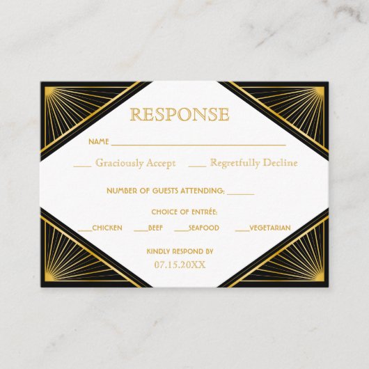  Elegant Art Deco Black Gold Wedding Enclo Informatiekaartje (Voorkant)