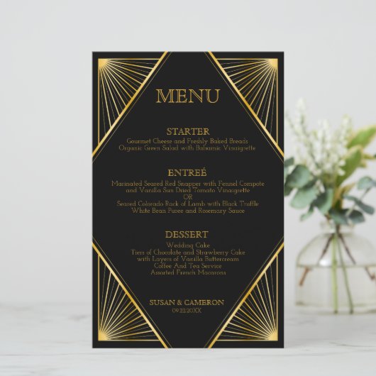  Elegant Art Deco Black Gold Wedding Menu (Staand voorkant)