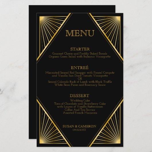  Elegant Art Deco Black Gold Wedding Menu (Voorkant / Achterkant)