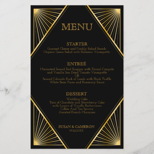  Elegant Art Deco Black Gold Wedding Menu (Voorkant)