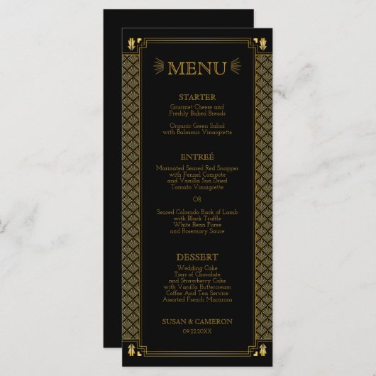 Elegant Art Deco Black Gold Wedding Menu (Voorkant / Achterkant)