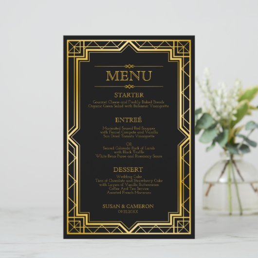 Elegant Art Deco Black Gold Wedding Menu (Staand voorkant)