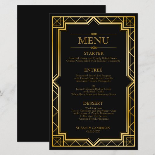  Elegant Art Deco Black Gold Wedding Menu (Voorkant / Achterkant)