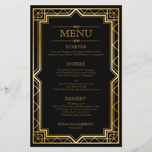 Elegant Art Deco Black Gold Wedding Menu (Voorkant)