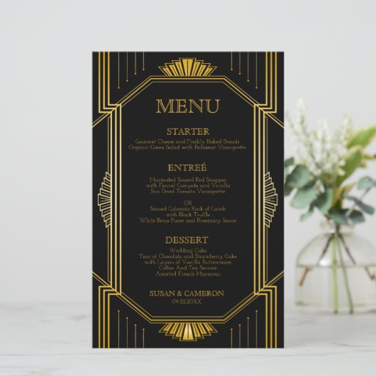  Elegant Art Deco Black Gold Wedding Menu (Staand voorkant)