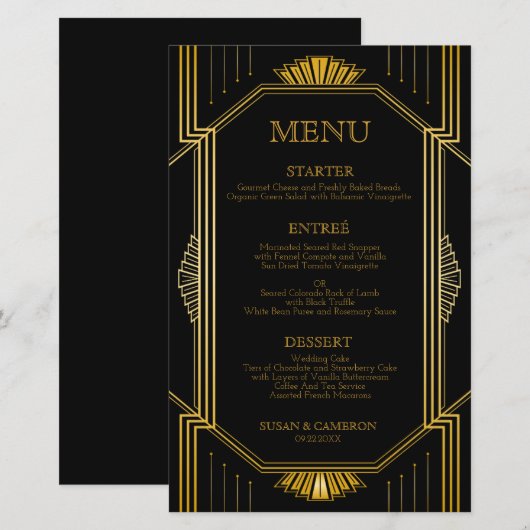 Elegant Art Deco Black Gold Wedding Menu (Voorkant / Achterkant)