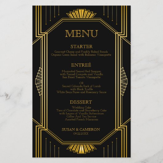 Elegant Art Deco Black Gold Wedding Menu (Voorkant)