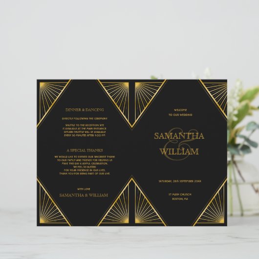  Elegant Art Deco Black Gold Wedding Progra (Staand voorkant)