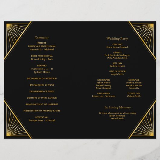  Elegant Art Deco Black Gold Wedding Progra (Achterkant)