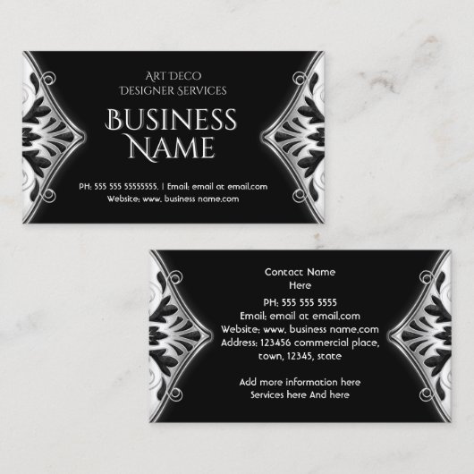 Elegant Art Deco Black Silver Floral Visitekaartje (Voorkant / Achterkant)