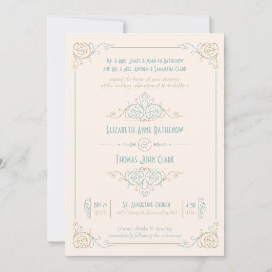 Elegant Art Deco Blue & Cream Wedding Invitations Kaart (Voorkant)