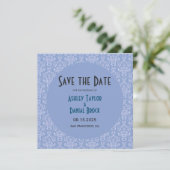 Elegant Art Deco Blue Damask plechtige ronde bruil Save The Date (Staand voorkant)