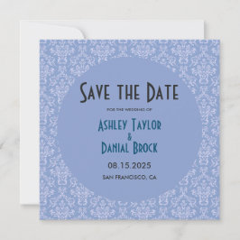 Elegant Art Deco Blue Damask plechtige ronde bruil Save The Date