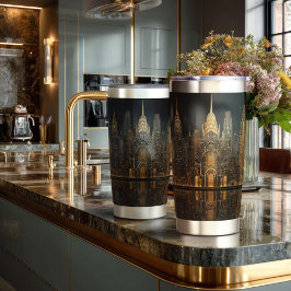 Elegant Art Deco City Skyline in Gold on Black Geïsoleerde Drinkbeker
