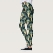 Elegant Art Deco Fan Pattern in Goud en Blauwgroen Leggings (Links)