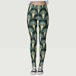 Elegant Art Deco Fan Pattern in Goud en Blauwgroen Leggings
