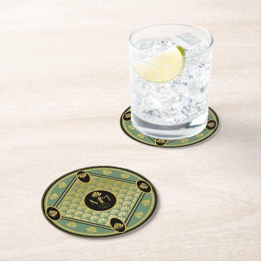 Elegant Art Deco Fan Pattern Monogram Weddenschap Ronde Kartonnen Onderzetter (Insitu)