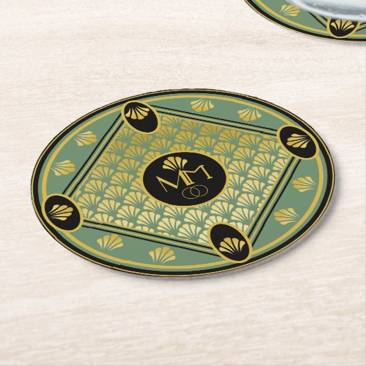 Elegant Art Deco Fan Pattern Monogram Weddenschap Ronde Kartonnen Onderzetter (Gebogen)