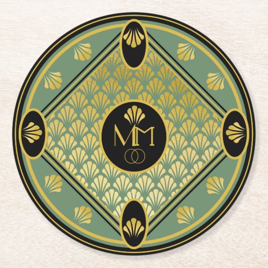 Elegant Art Deco Fan Pattern Monogram Weddenschap Ronde Kartonnen Onderzetter (Voorkant)