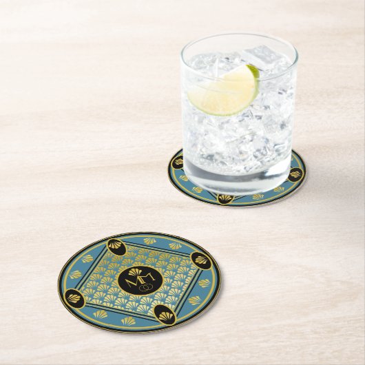 Elegant Art Deco Fan Pattern Monogram Weddenschap Ronde Kartonnen Onderzetter (Insitu)